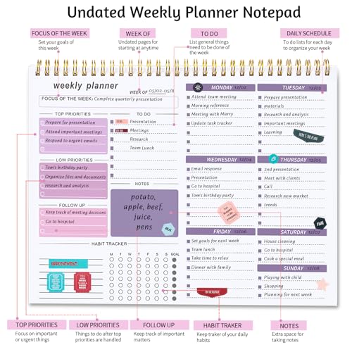 Thboxes Weekly Desk Planner, 8.5x11In To Do List Notepad, 52 Sheets, Purple - color: Purple & White
