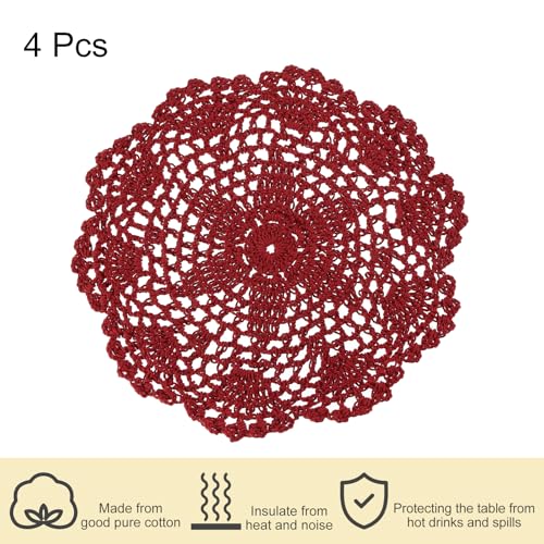 uxcell Lace Doilies, 4pcs 8" - Cotton Woven Round Crochet Coaster, Floral Design Fabric Handmade Placemat for Drink Wedding Party Decoration (Wine Red) - color: Wine Red