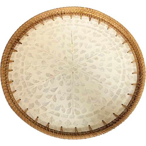 16" Rattan & Mother of Pearl Lazy Susan Turntable, White Floral - color: White&brown
