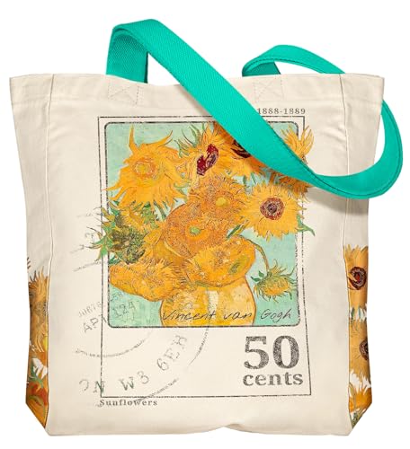Miss Adola Aesthetic Heavy Canvas Tote Bag - with Pocket for Women Large Size 14''×16''×3.5'' Cloth Cotton Bags for Shopping - color: Green Sunflower