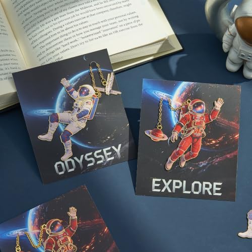 2 Pack Astronaut Metal Bookmarks with Planet and Satellite Chain Pendants - color: Astronaut