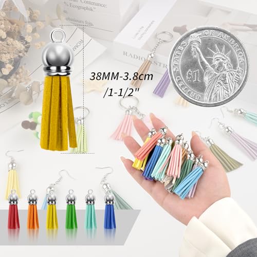 120 Pack Leather Keychain Tassels Charms Silver White Cap Multicolor Tassels for Jewelry Keychain Making Bracelets Craft Supplies (Multicolor, 38mm) - size: 38mm