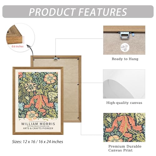 FWAHREN William Morris Framed Canvas Wall Art Set of 3, Cotton Prints Exhibition, Floral Pattern Pictures Artwork, Large Paintings Wall Decor for Living Room Bedroom Bathroom Office, 12x16in - color: William Morris Cotton Prints Exhibition, size: 16"L x 1