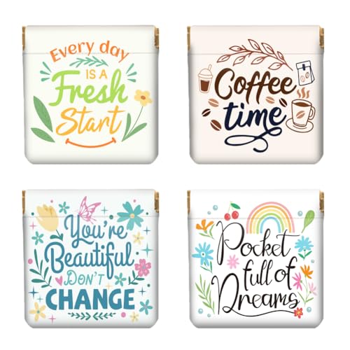 Peacoblue slogans and flowers Coin Purse,PU Leather Squeeze Pouch 4PCS - style: Slogans and Flowers