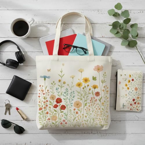 Aesthetic Canvas Tote Bag for Women – Minimalist Open-Top Design, Perfect for Books, Daily Errands and Gifting. - color: Wildflower Garden