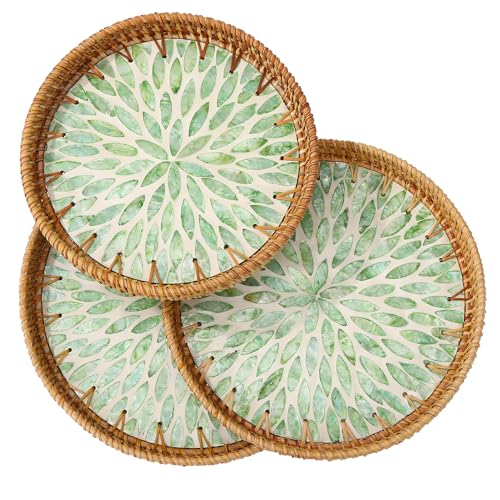 3 Pack Round Rattan Tray with Mother of Pearl Inlay
