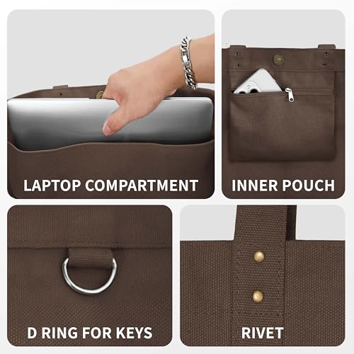 HOMESPON Large Canvas Tote Bag, Magnetic Work Laptop Pack for Women - color: Brown