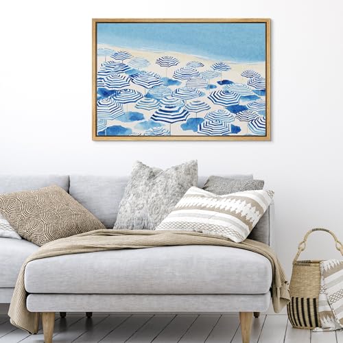 SIGNFORD Framed Canvas Print Wall Art Coastal Blue Umbrella Beach Scene Watercolor Seaside Summer Illustrations Modern Art Decorative Boho Relax/Zen for Living Room, Bedroom, Office - 24x36 Natural - color: B08-2508-M19, size: 36"L x 24"W