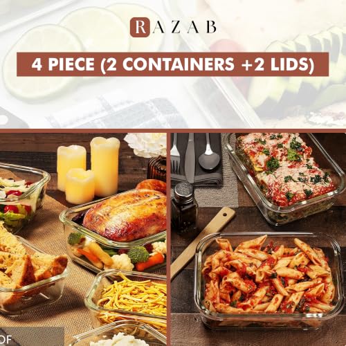Razab 6.5 Cups / 52 Oz 4 Piece (2 Containers + 2 Lids) Glass Food Storage Containers Set with Airtight Locking Lids - For Storing, Baking & Serving BPA Free, Leakproof - Microwave, Freezer & Oven Safe - color: Black