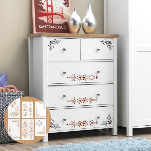 6 Pcs Vintage Border Stencil, Floral Corner Stencils for Painting, Reusable Corner Template for Furniture, Scrapbook, Drawing, DIY Craft