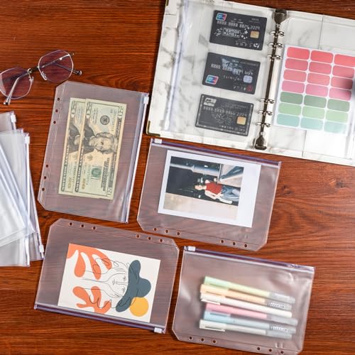16 Pcs A5 Binder Envelope Pouches, A5 Zippered Binder Inserts for 6-Ring Budget Cash Envelope System, Clear envelopes for Money Saving and Budgeting, with 42 Sticky Binder Labels - size: A5