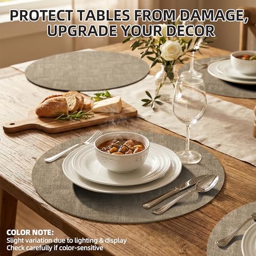 Placemats Set of 6, 15 Inch Round Faux Leather Place Mats - color: R-light Coffee