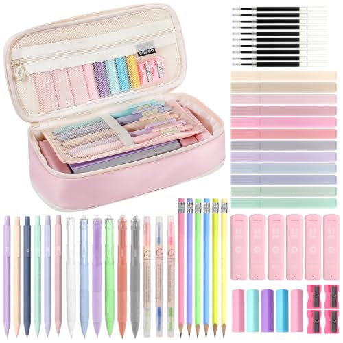 MoKo Pencil Case with Supplies, 59Pcs Aesthetic School Set, Pink - color: Pink-59P