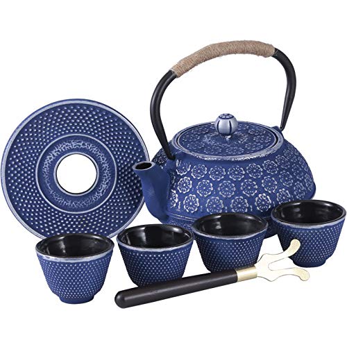 Ufine Blue Floral Cast Iron Teapot Set 28 oz Tea Kettle with 4 Cups, Trivet - color: Blue Floral
