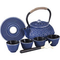 Ufine Blue Floral Cast Iron Teapot Set 28 oz Tea Kettle with 4 Cups, Trivet - color: Blue Floral