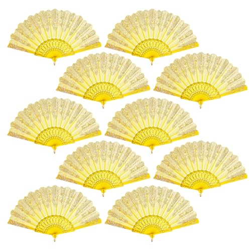 QIRMIZI 10 Pack Folding Handheld Fans,Silk Spanish Fan, Perfect for Weddings, Parties, and Dancing,Yellow - color: Yellow, size: 10 PACK