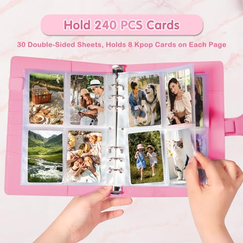 A5 Kpop Photocard Binder, PU Leather 6-Ring Album with Magnetic Closure, Includes 30 Pack 4-Pocket Pages for 240 Cards, Card Holder for Trading and Collectible Cards (Rose) - color: Rose