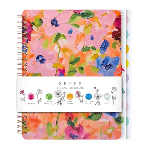 Aesthetic Spiral Notebook for Women, 8.25" x 6.25" Journal with Durable Hardcover and 160 Lined Pages with Large Pockets - Gift for Work, School, Travel & Daily Productivity - color: Colored leaf