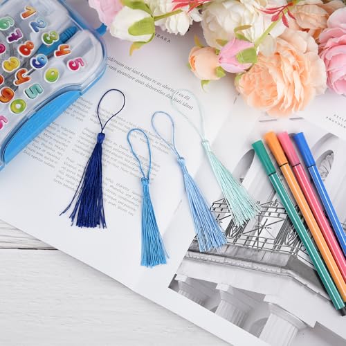 100 Pcs Bookmark Tassels Bulk Blue Series Soft Craft Silky Handmade Mini Tassels for Jewelry Making with Loops for DIY Craft Accessory Dress Decoration - color: Blue Series
