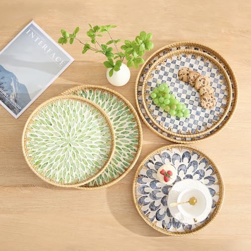Round Rattan Tray with Mother of Pearl Inlay, Rattan Serving Tray with Wooden Base, Decorative Wicker Basket for Table Decor, Storage and Display of Coffee Bread Food Fruit (Checkerboard 13.5") - color: Checkerboard, size: 13.5"