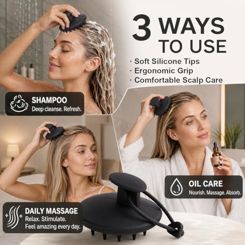 SEVENY Soft Silicone Shampoo Brush, Black, Pack of 2 - color: Black