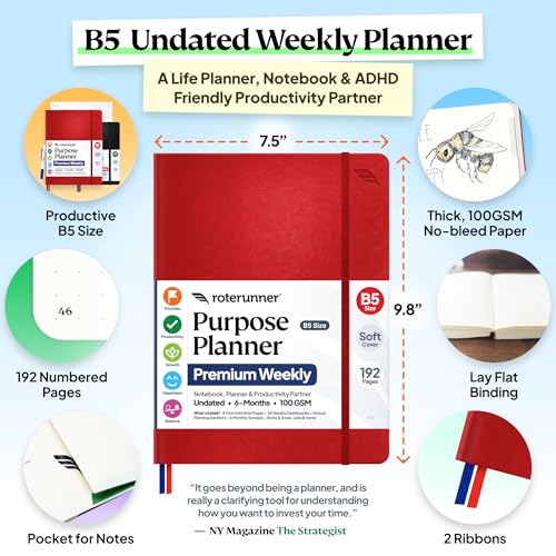 Roterunner Purpose Planner Notebook B5 7.5”x9.8” Undated 2026 Daily Weekly and Monthly Productivity Goal Setting Tool for Work Home ADHD for Adults Self Care Journal - color: Red, style: B5 Softcover