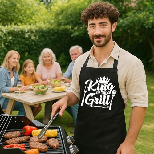 Funny Black Grill Apron with Pockets for Man,Dad,Husband,Father in Law,Chef Daddy Grilling Apron BBQ Cooking Gifts - color: King of Grill