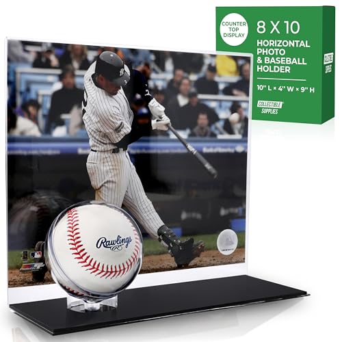 Baseball Holder with Picture Frame – Acrylic Baseball Card Display Case for 8x10 Horizontal Photo, Clear Ball Stand and Photo Frame Display for Counter or Shelf, Single Ball Memorabilia Case