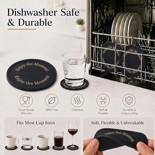 HiramWare Silicone Coasters Set of 6, Premium Drink Coaster with Holder, Non-Slip, Non-Stick, Dishwasher Safe, Perfect for Hot and Cold Drinks, Protect Your Desks and Tables(6 Black) - color: Black