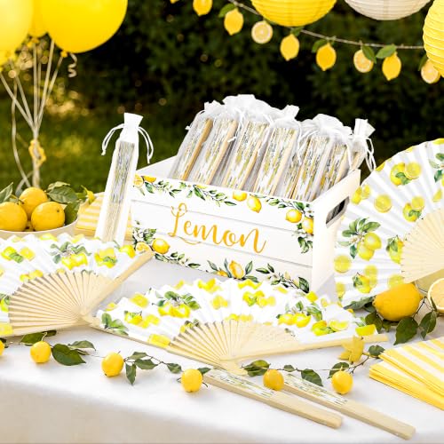 Aodaer 50 Pack Lemon Printed Folding Hand Fans with Organza Bags Bulk Wooden Storage Box Retro Mediterranean Paper Fans Capri Handheld Fan for Bridal Shower Wedding Bridesmaid Gifts - style: Lemon