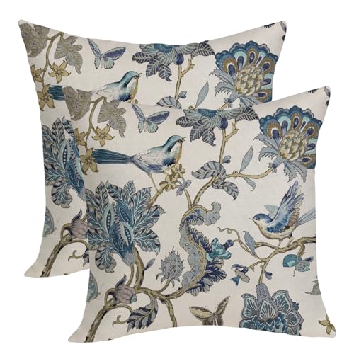 Chinoiserie Pillow Covers 18x18 Pack of 2 Blue Birds Floral Throw Pillow Covers Outdoor Decoration,Vintage Flower Pillowcase Farmhouse Decorative Linen Cushion Case for Home Couch Sofa - color: Blue Floral Birds, size: 18" x 18" (Pack of 2)