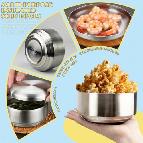 6 Pcs Stainless Steel Rice Bowl with Lid Korean Kitchenware Large Insulated Bowl Multifunctional Soup Bowls Snacks Bowls for Keeping Food Warm Snacks Lunch Box Parties（5.11in Silver