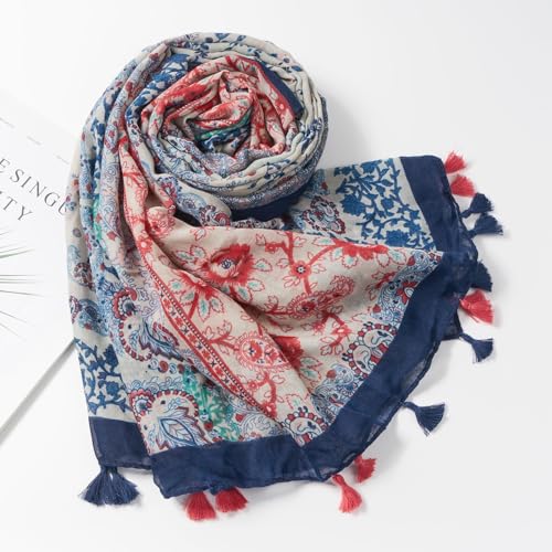 QIUTIMIY Scarf for Women Lightweight Soft Floral Leopard Printed Scarves Fall Winter Fashion Shawl Wrap with Fringe - color: Flower-blue Orange