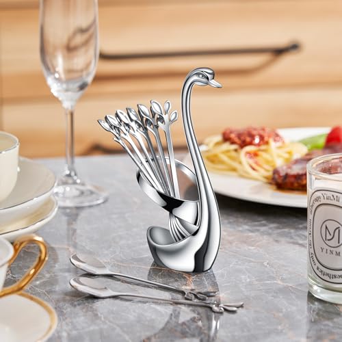 AnSaw Silver Swan Base Holder Set with 10 Pcs 4.7" Mini Leaf Spoon & Fork - color: Silver Swan