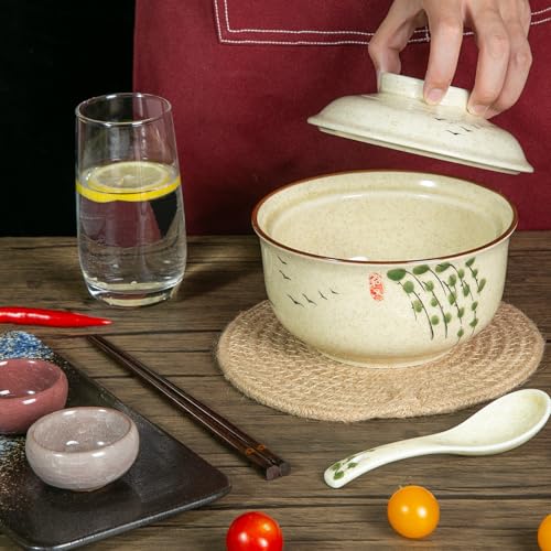 Ceramic Ramen Bowl Set Ramen Noodle Bowl with Lid 27oz Japanese Retro Style Soup, Pho, Udon Bowls, Matching Spoons and Chopsticks for Microwave & Dishwasher Safe, Twig - color: Twig, size: 1 PC