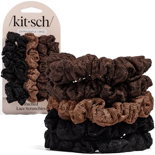 Kitsch Ruched Lace Scrunchies For Women - Black, Chocolate & Mocha, 5pc Set - color: Chocolate & Mocha