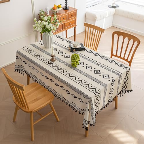Handblock Print Tablecloth for Square Tables, Black Geometry Table Cover with Fringed Edges, Decorative Tablecloth for Kitchen and Dining Room,59"x 59" - color: Geometry, size: 59" x 59" (Square)