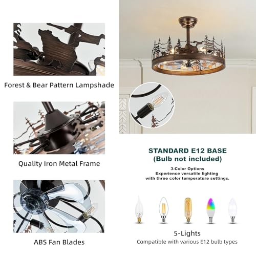 21 Inch Rustic Ceiling Fan with Light and Remote, Flush Mount Farmhouse Bladeless Fandelier, Forest Bear Pattern Chandelier Fan, DC Motor, 6 Speeds, Reversible, for Bedroom Living Room Cabin - color: Oil-Rubbed Bronze