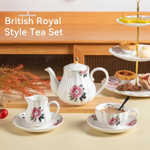 Sweejar Porcelain Tea Sets British Royal Series, 8 OZ Cups & Saucer Service for 6, with Teapot Sugar Bowl Cream Pitcher Teaspoons and Tea Strainer, Suitable for High Tea, Wedding, Party - color: Salmon Pink