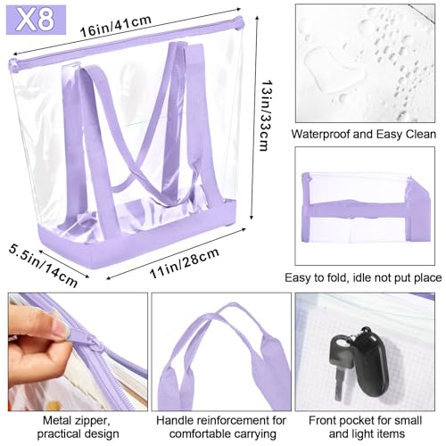 Reginary 8 Pcs Clear Tote Bags Shoulder Handbag Security Approved See Through Bag with Zipper Closure for Sport Event Travel - color: Light Purple