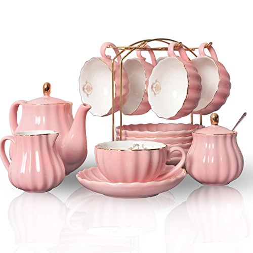 Sweejar Porcelain Tea Sets British Royal Series, 8 OZ Cups & Saucer Service for 6, with Teapot Sugar Bowl Cream Pitcher Teaspoons and Tea Strainer, Suitable for High Tea, Wedding, Party (Pink) - color: Pink