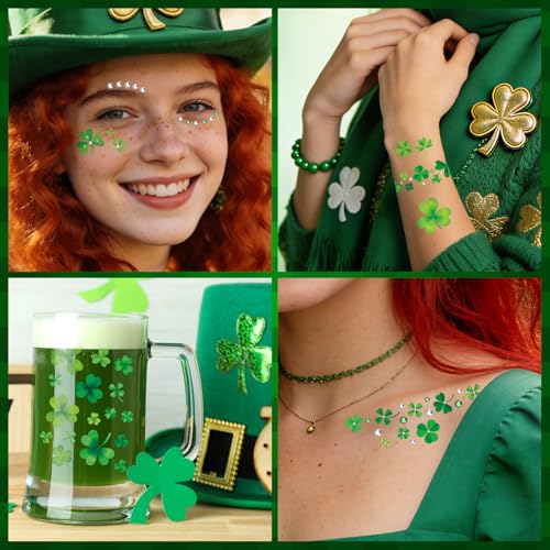 St Patrick's Day Shamrock Face Tattoo with Green White Face Gems