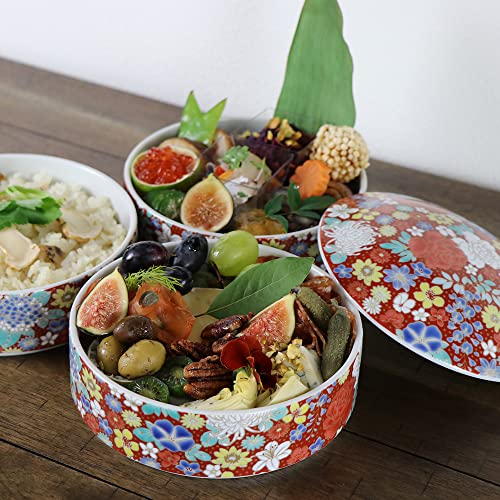 Traditional Japanese Bento Box, 3-tiered, Kutani Ware SK457 (Black flower design) - color: Black flower design