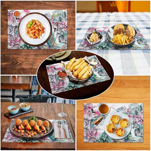 Peacock Placemats Set of 4, 12x18 Inch Vintage Japanese Landscape Traditional Ink Painting Cherry Blossom Asian Style Seasonal Spring Holiday Coffee Table Mats for Party Kitchen Dining Decoration - color: Pm-floral Bird02, size: 4pcs