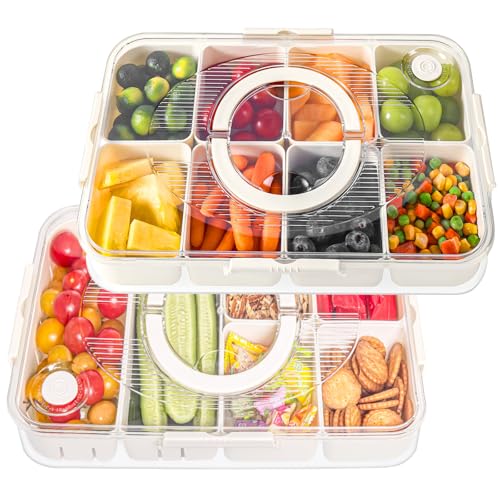 LUXEAR 2Pack 8-Compartment Snackle Box - Airtight Leakproof Divided Food Tray with Lid & Handle, BPA-Free Dishwasher Safe for Picnic, Fridge, Travel, Party, Ideal for Charcuterie & Food Storage - size: 2pack white