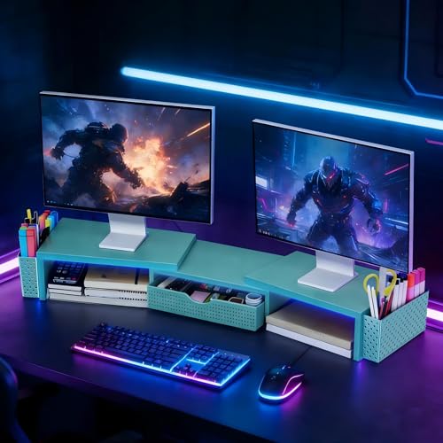 Spacrea Dual Monitor Stand Riser with Drawer and 2 Pen Holders - color: Blue