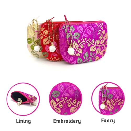 Handmade Women Coin Purse Brocade Zipper Wallet Rosary Pouch Silk Jewelry Bag - MagentaPro - color: MagentaPro
