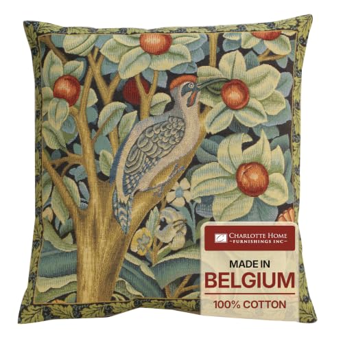 William Morris Woodpecker Right Tapestry Throw Pillow Cover 18 x 18 in - color: Black Woodpecker