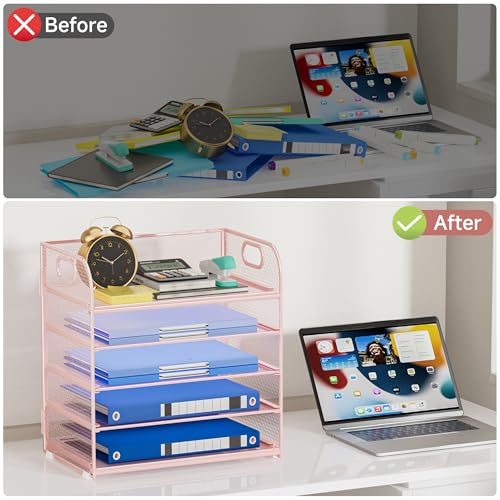 5-Tier Stackable Paper Organizer with Handle, Pink - color: Pink, size: 12.6" x 9.1" x 13.4"
