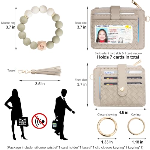 COOLANS Silicone Bracelet Wristlet Wallet Credit Card Holder RFID ID Window Key Ring Tassel Slim Wallet Women Keychain Purse - color: Grey